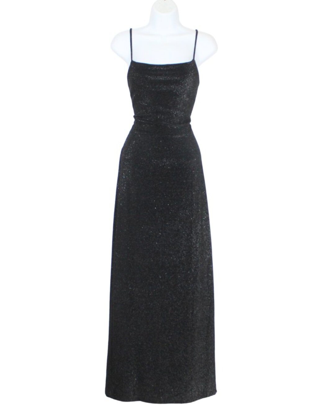 Vintage 90s Column Dress Black Metallic Long Lace Up Open Back Leg Slit Formal
